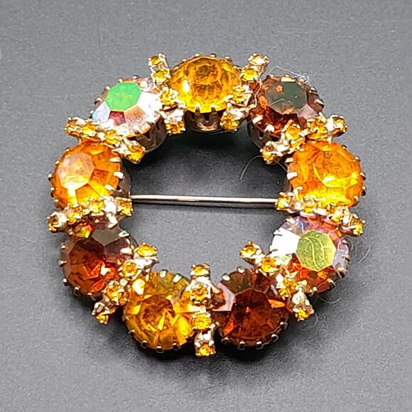 Vintage Karu Arke Style Autumn Rhinestone Wreath Brooch Topaz AB 1.75\